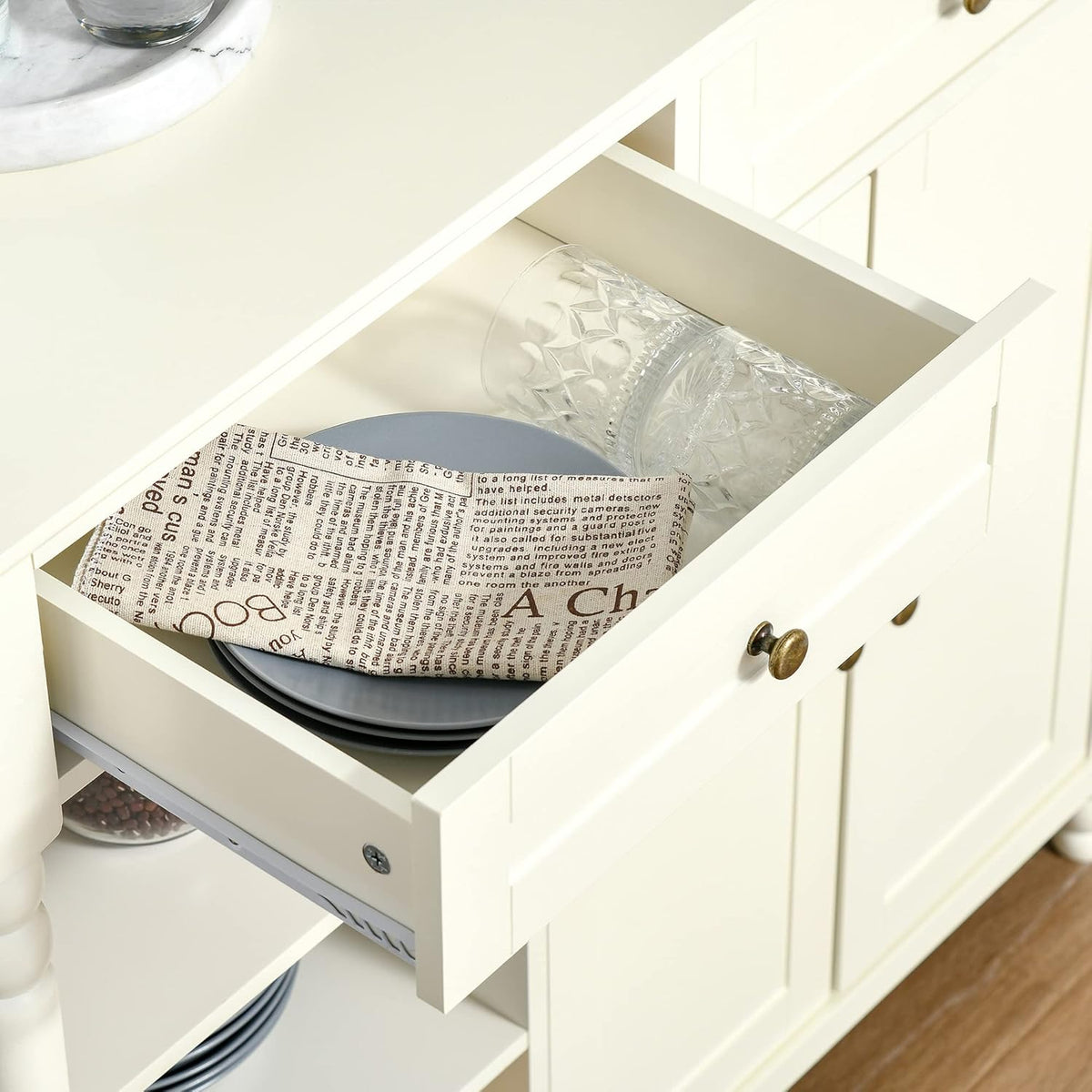 White Kitchen Sideboard Cabinet with 3-Tier Open Shelving and Pine Wood Legs O1980