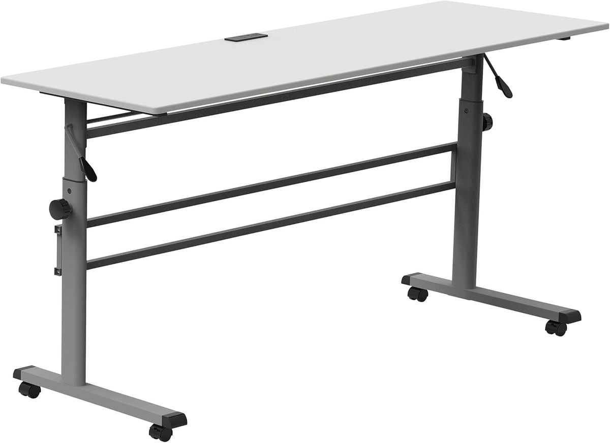 Crank Adjustable Height Flip Top Rolling Table, Black Frame Natural Walnut Top, 71" Wide P55207