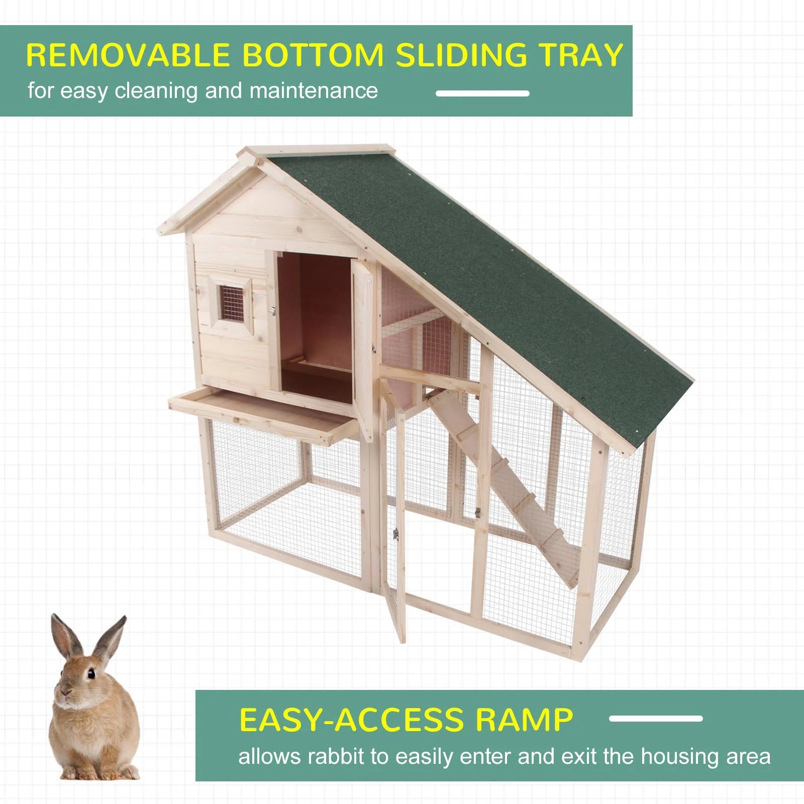55x22 Wood Double Rabbit Hutch with Ramp and Outdoor Run J7867