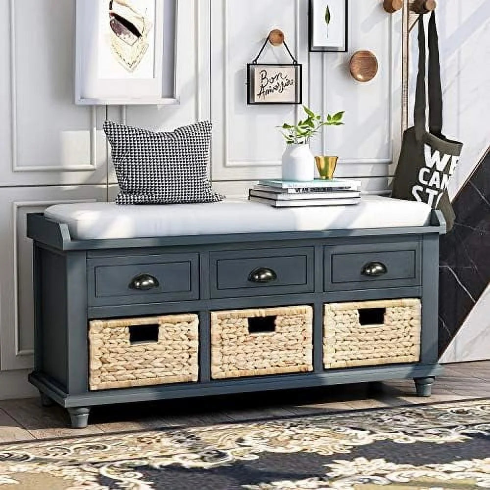 Rustic Bench with 3 Drawers and 3 Rattan Baskets Shoe Bench with Removable Cushion P139