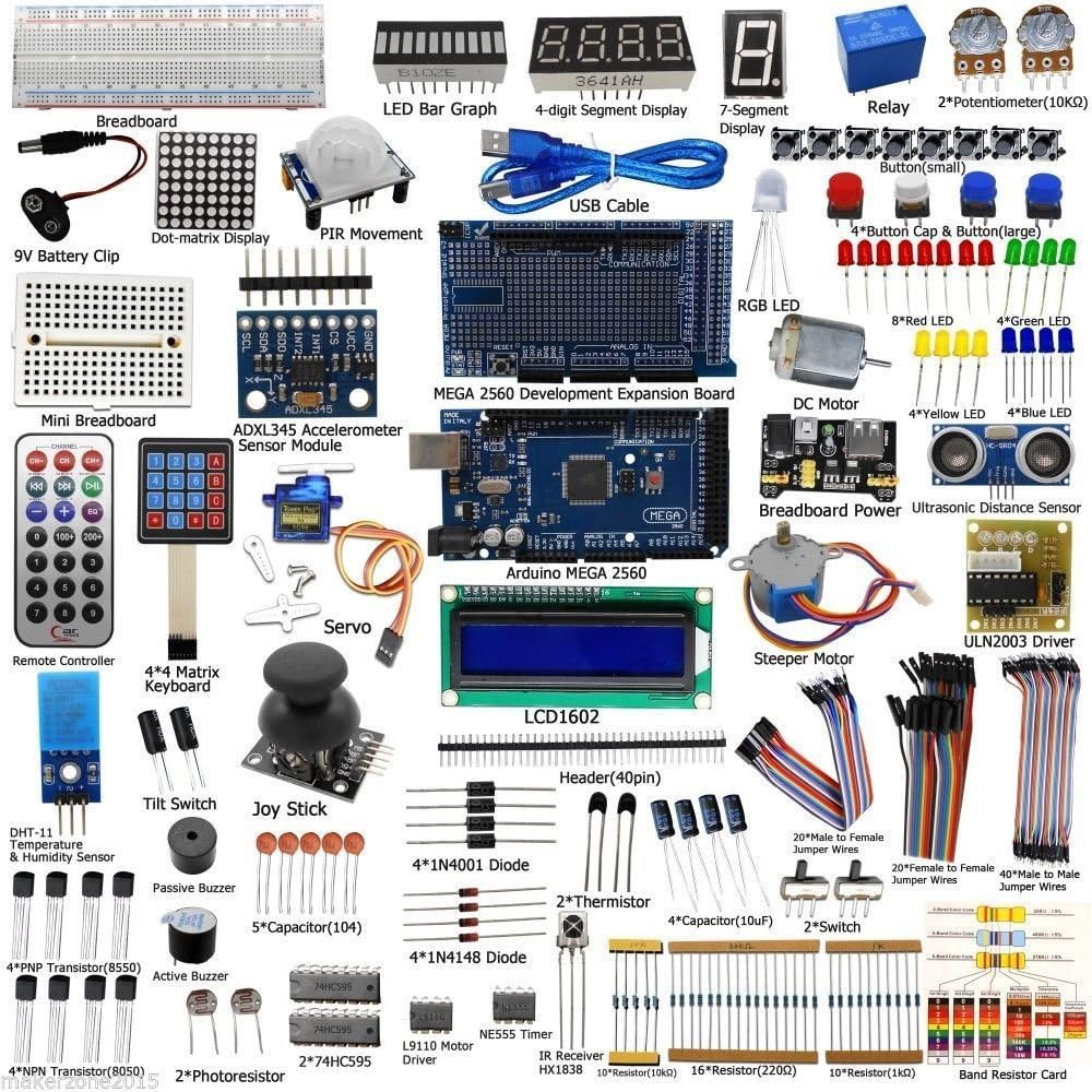 Mega2560 LCD1602 Servo Stepper Motor Sensors Breadboard Jumper Wire Resistor Capacitor Transistor STEM Electronic Projects Starter Kit H492
