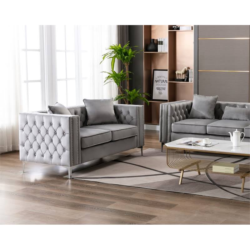 2 Piece Velvet Loveseat and Chair Set in Gray I647