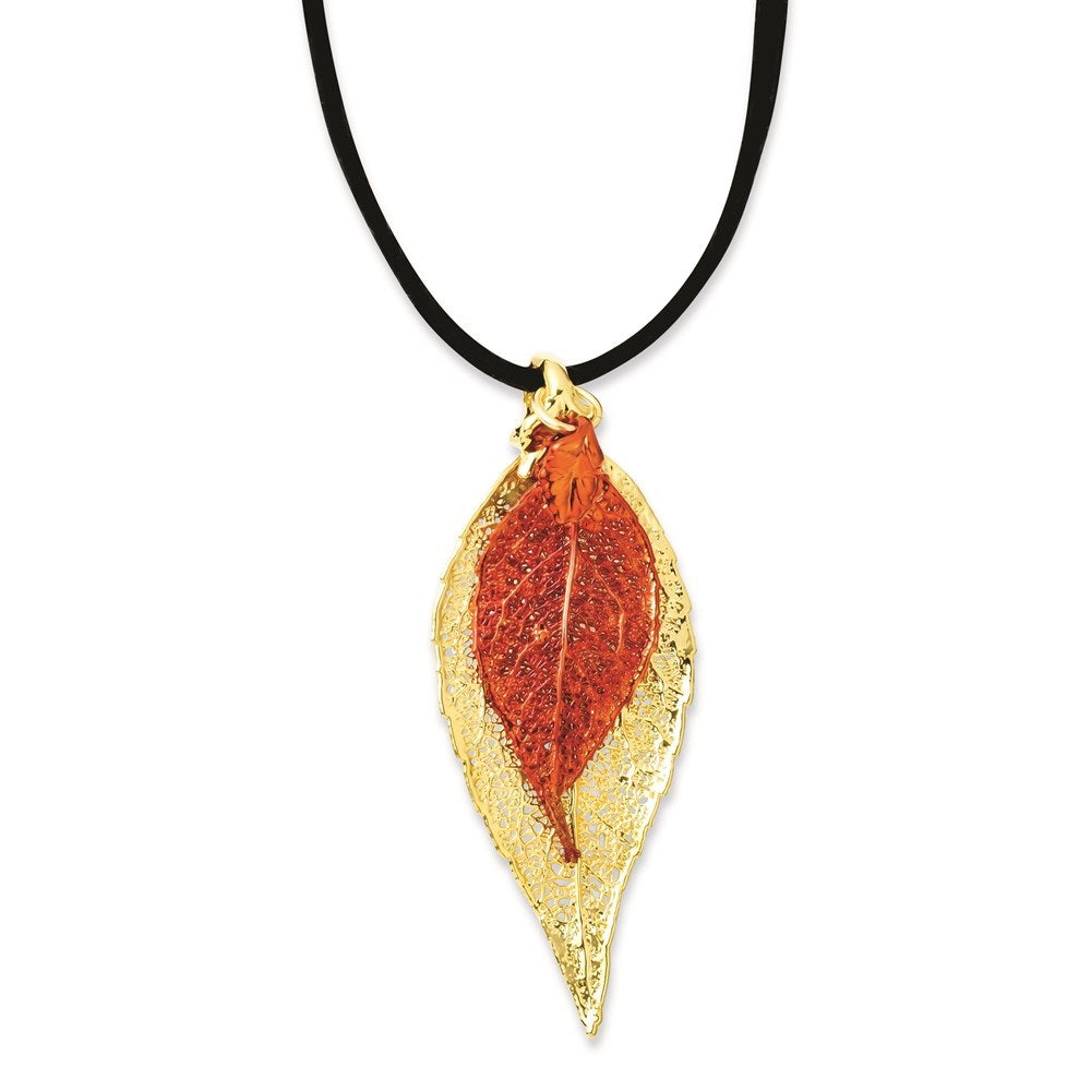 24k Gold Dipped Real Evergreen Leaves Leather Cord Necklace 20" U6496