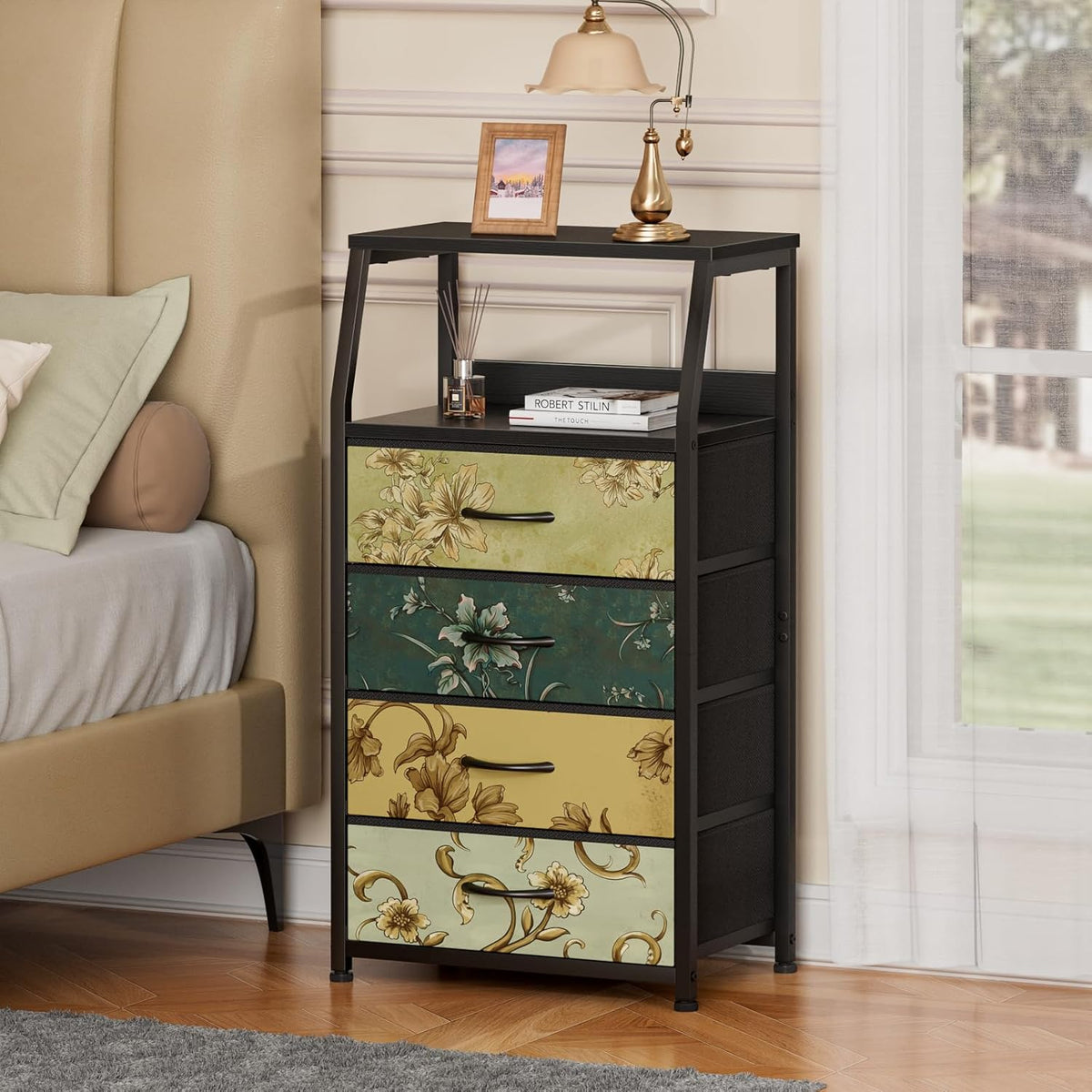 Nightstand with 4 Storage Drawer, Tall Dresser, Led Light, Charging Station, Metal Frame, Wood Shelf X7170