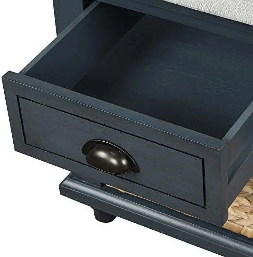Rustic Bench with 3 Drawers and 3 Rattan Baskets Shoe Bench with Removable Cushion P139
