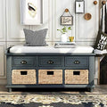 Rustic Bench with 3 Drawers and 3 Rattan Baskets Shoe Bench with Removable Cushion P139