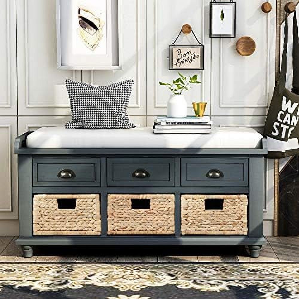 Rustic Bench with 3 Drawers and 3 Rattan Baskets Shoe Bench with Removable Cushion P139