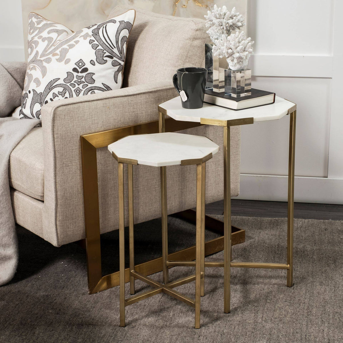 Set of Two White Marble and Iron Hexagonal End Tables R9613