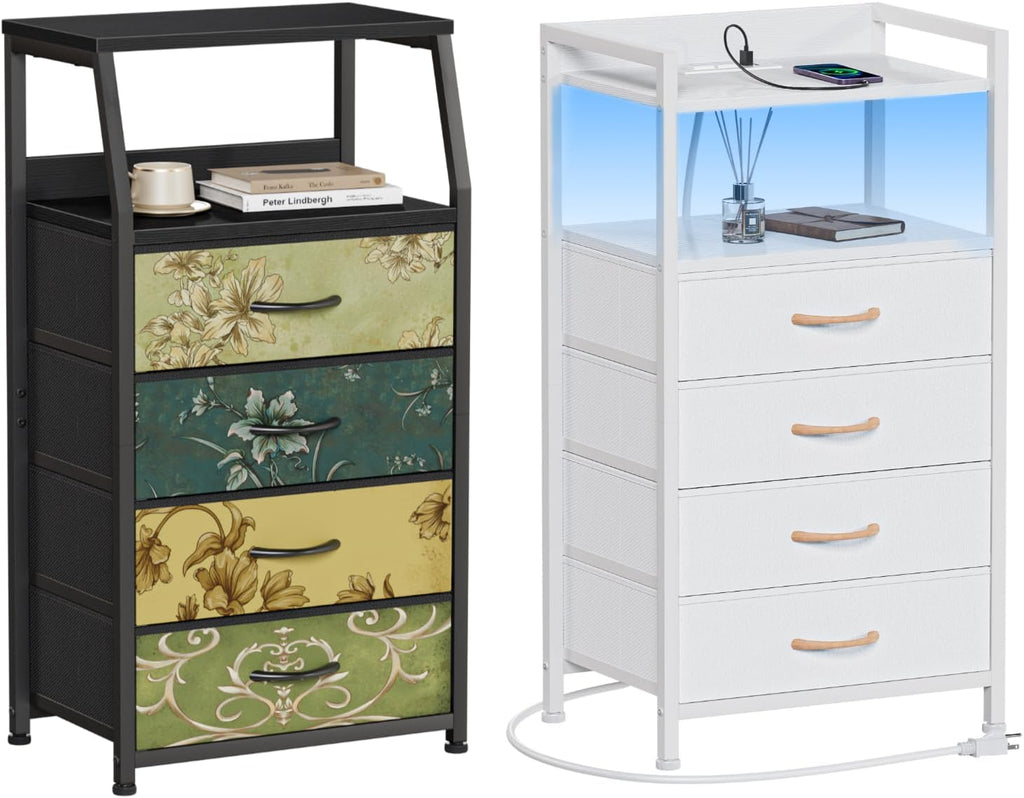 Nightstand with 4 Storage Drawer, Tall Dresser, Led Light, Charging Station, Metal Frame, Wood Shelf X7170