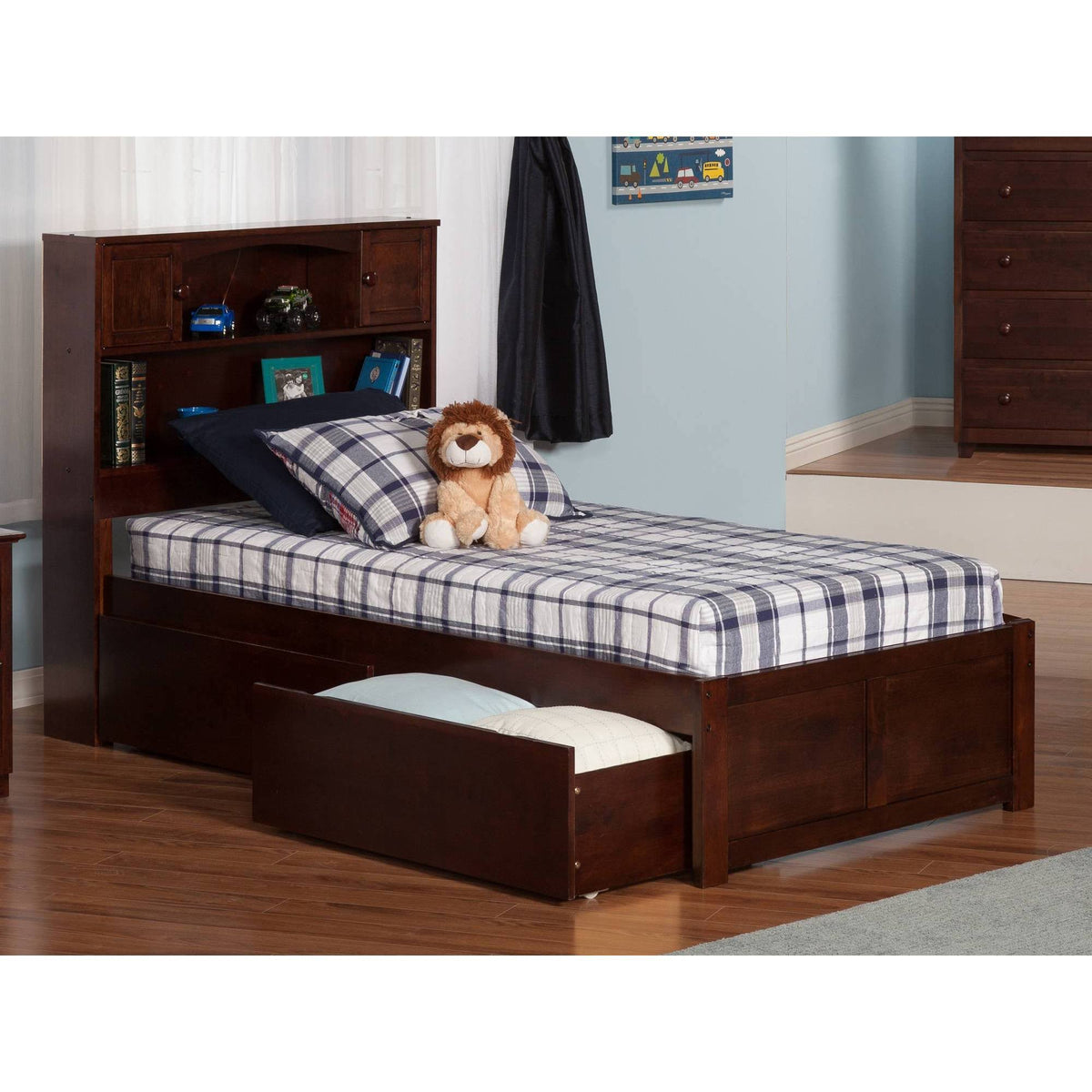 Twin Flat Panel Foot Board with 2 Bed Drawers Antique Walnut M707671
