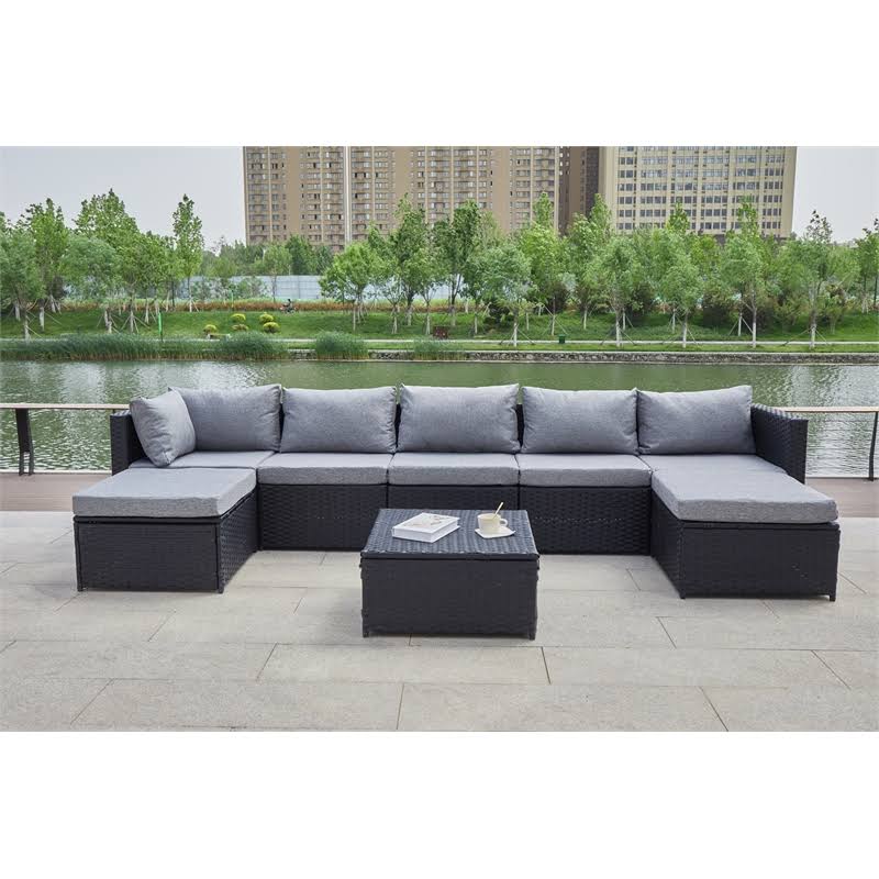 Grey Wicker/Rattan Sectional with Storage Ottoman B938