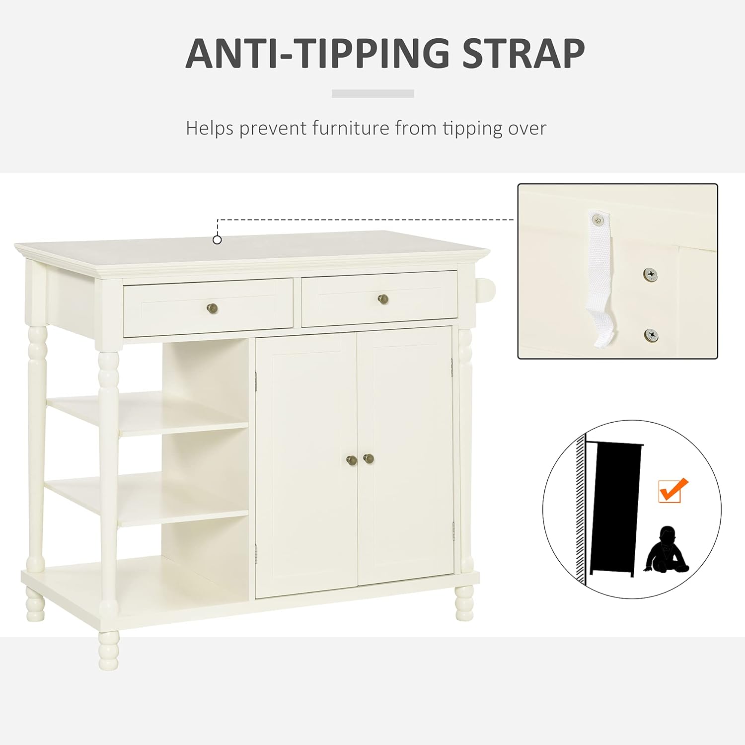 White Kitchen Sideboard Cabinet with 3-Tier Open Shelving and Pine Wood Legs O1980