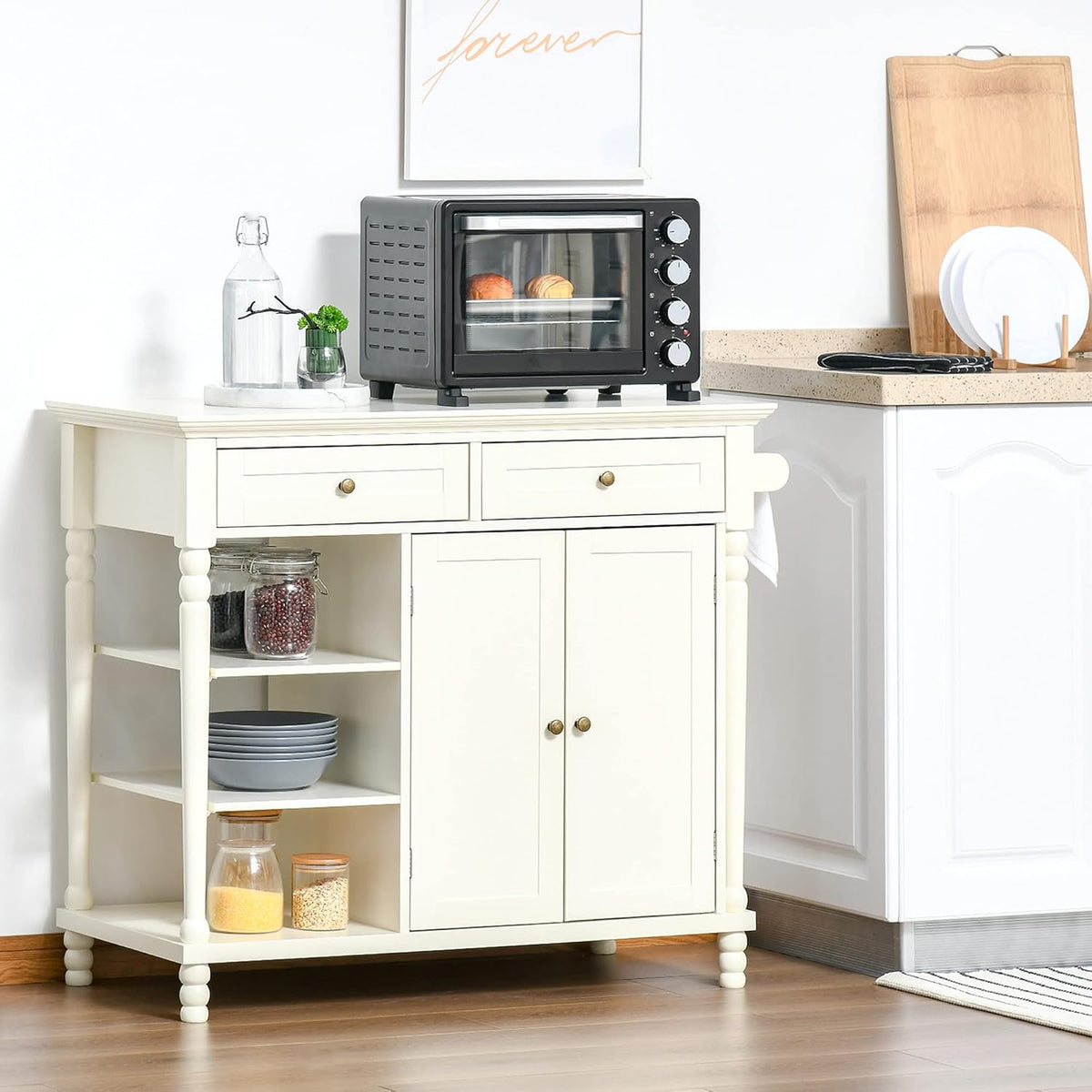 White Kitchen Sideboard Cabinet with 3-Tier Open Shelving and Pine Wood Legs O1980