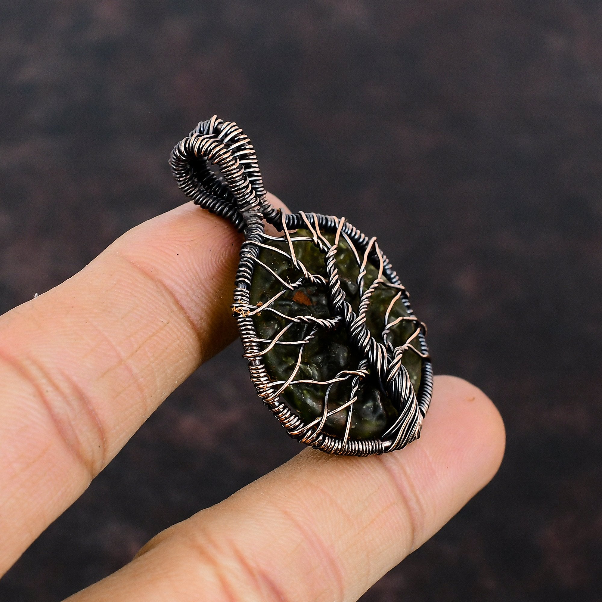 Copper Wire Wrapped Moldavite Pendant R4736