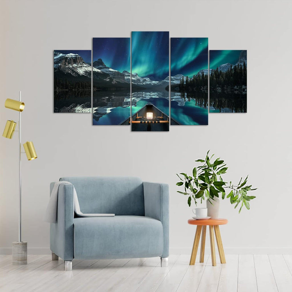 5 Panels Aurora Borealis Canvas Wall Art Stretched and Framed N43600