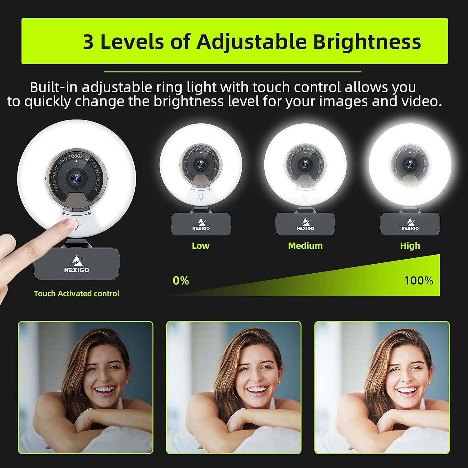 1080P 60FPS Webcam with Light, AutoFocus, Privacy Cover, Dual Stereo Microphone C310578