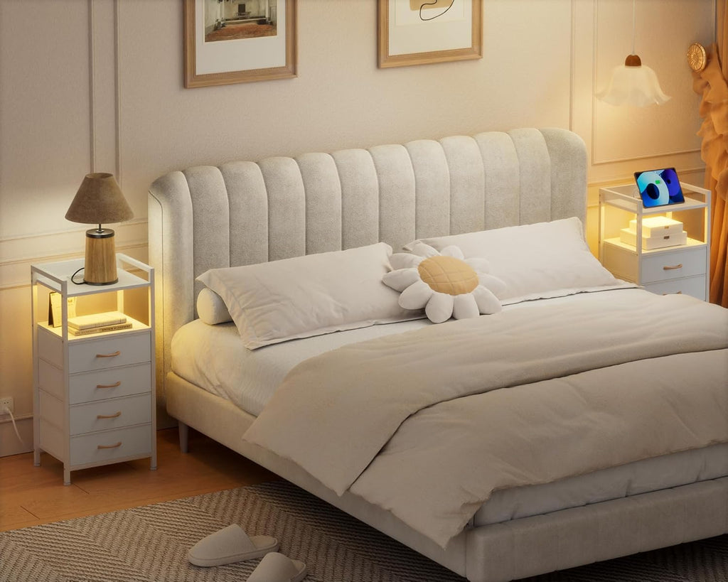 Nightstand with 4 Storage Drawer, Tall Dresser, Led Light, Charging Station, Metal Frame, Wood Shelf X7170