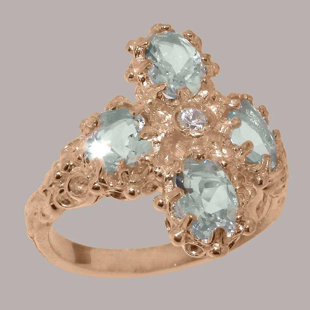 18k Rose Gold Natural Diamond & Aquamarine Womens Promise Ring Q562