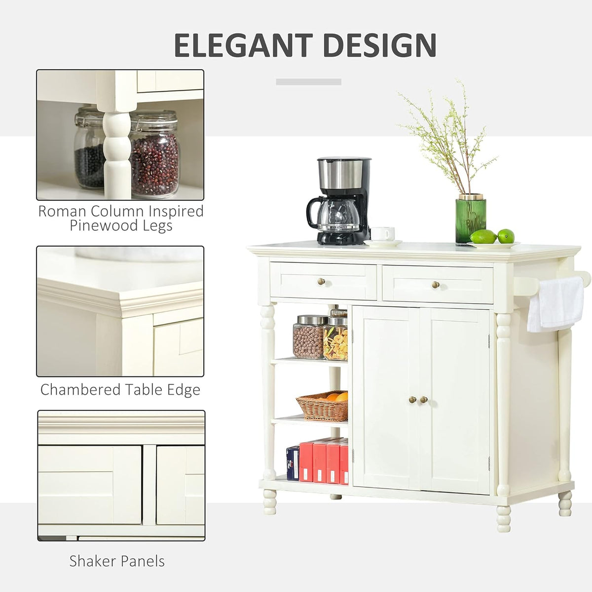 White Kitchen Sideboard Cabinet with 3-Tier Open Shelving and Pine Wood Legs O1980