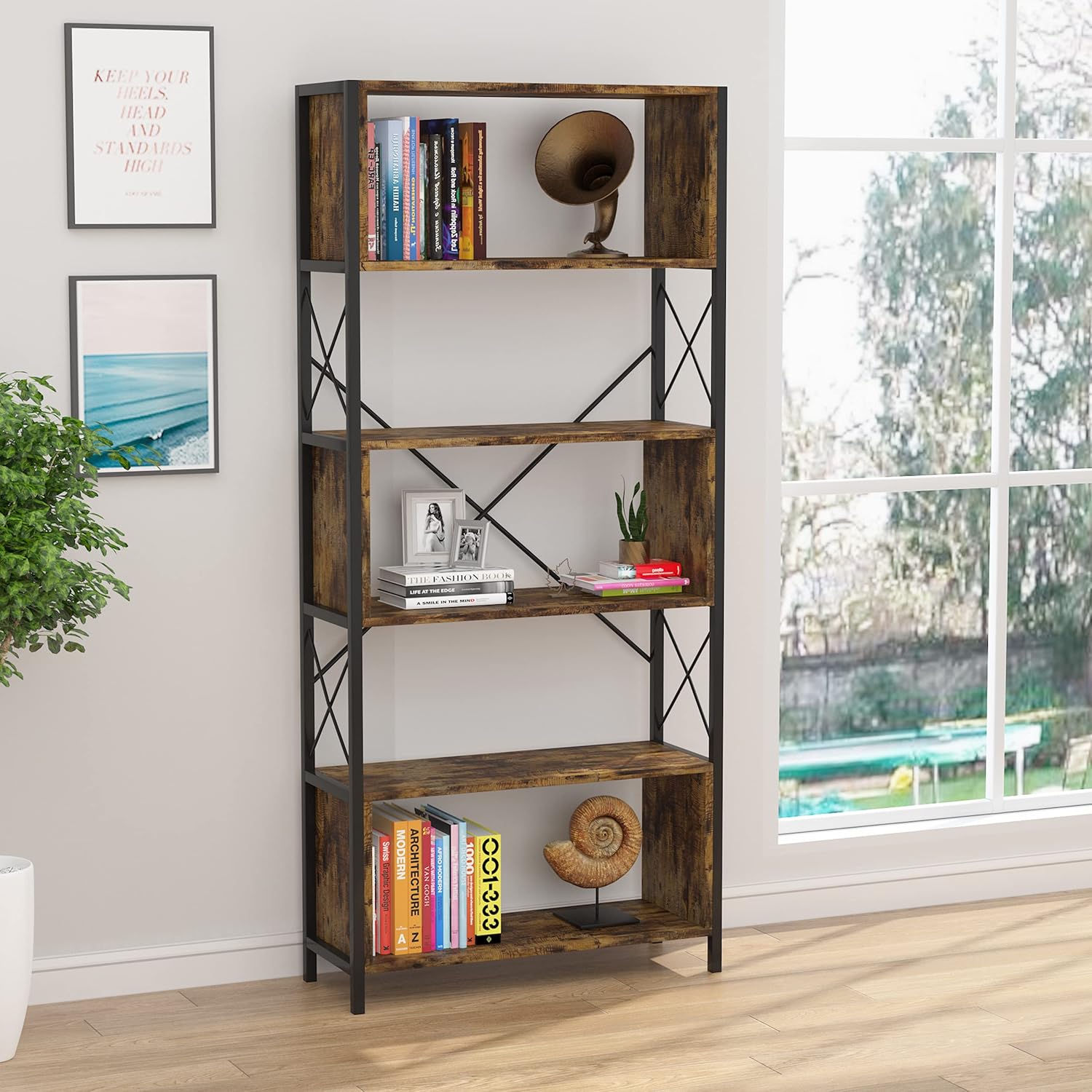 5 Tier Industrial Bookshelf with Metal Frame Retro Brown E513