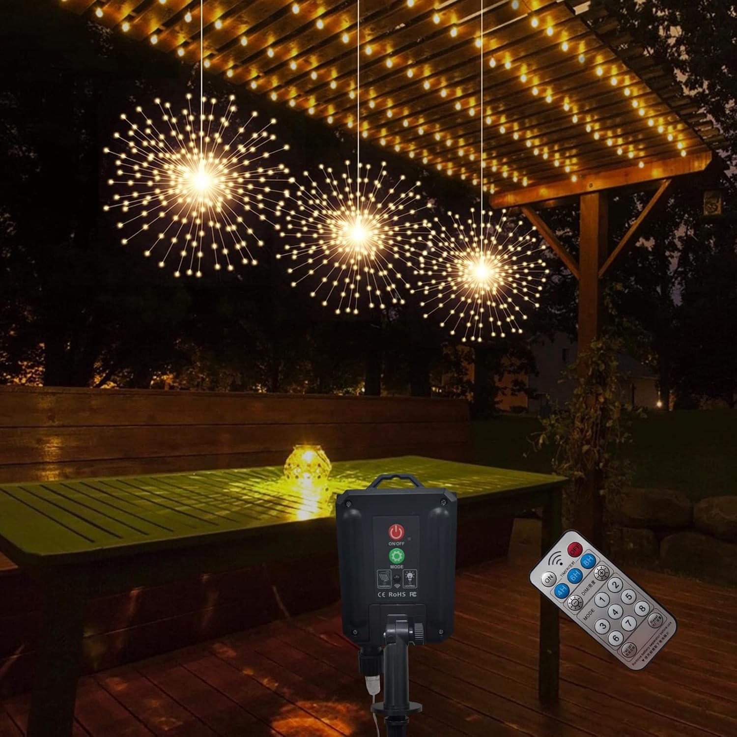 600 LED Solar Firework Lights Remote Control, 3 Pack Starburst Sphere Lights, Warm White T96366