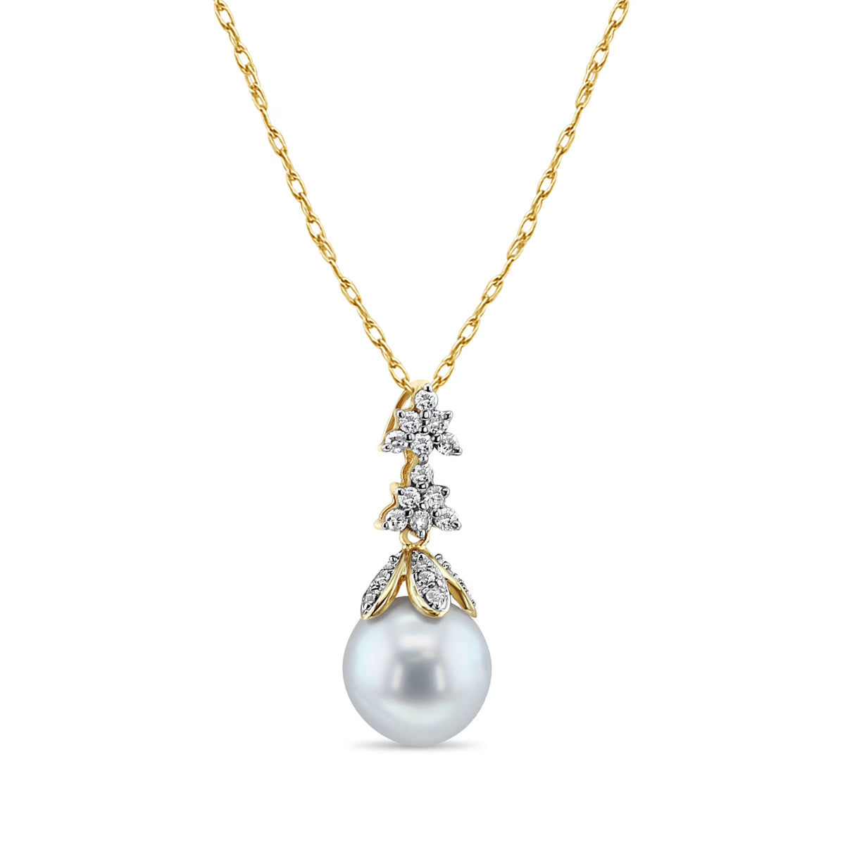14k Yellow Gold Dangling Pearl Necklace with Diamond Accents Y772307