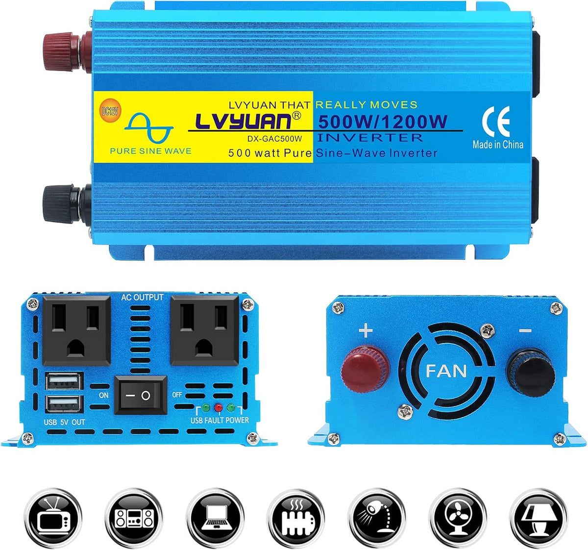 500W Pure Sine Wave Power Inverter DC 12V to 110V/120V AC Dual USB Charging Ports 2 AC Outlets Cigarette Lighter Plug Pack of 2 Z1000