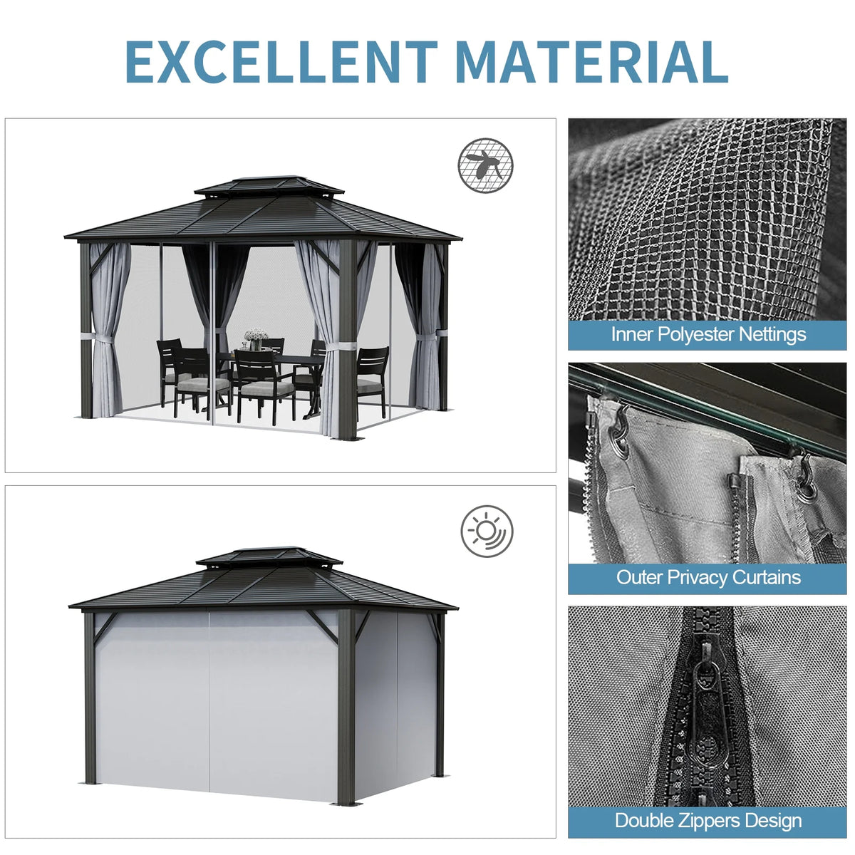 10 ft. x 12 ft. Outdoor Hardtop Gazebo with Curtain and Netting, Gray Q735899
