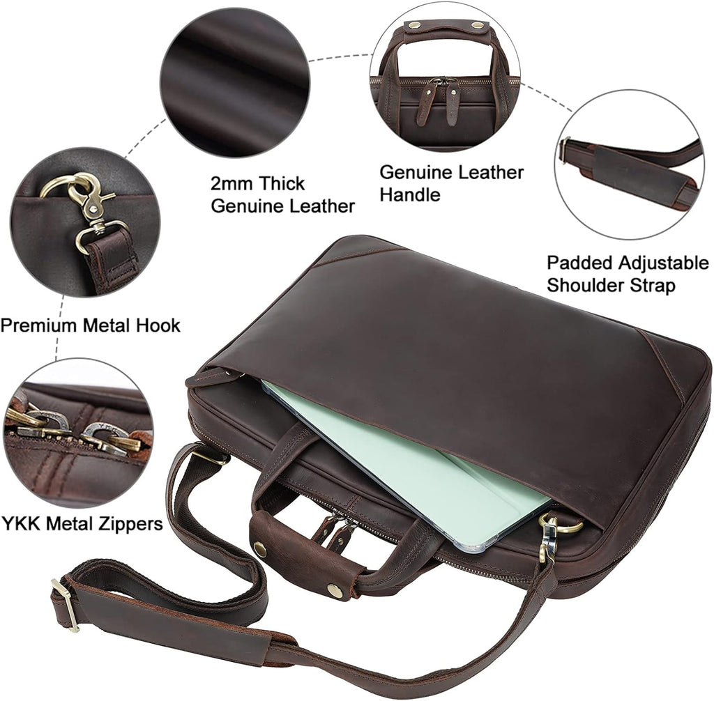 Brown Vintage Leather Slim Briefcase for 15.6 Inch Laptop W506943
