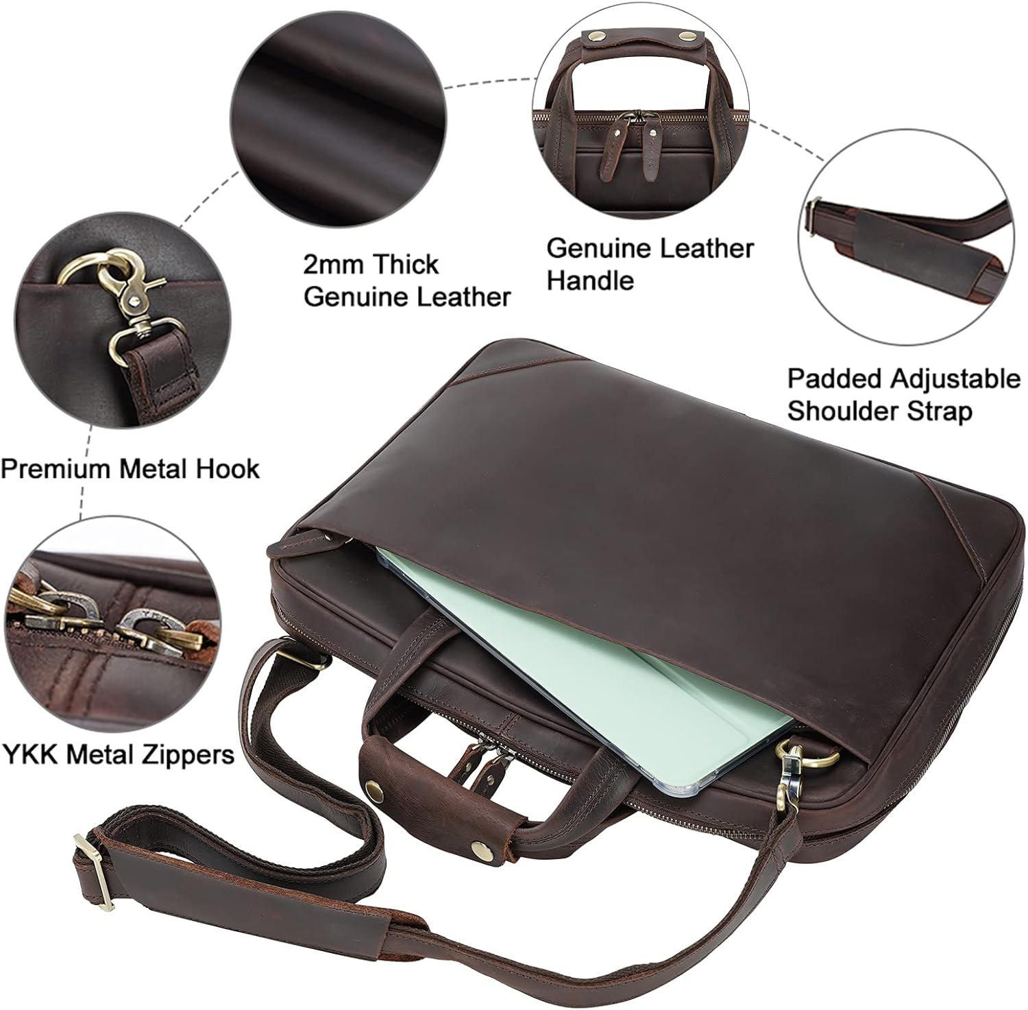 Brown Vintage Leather Slim Briefcase for 15.6 Inch Laptop W506943