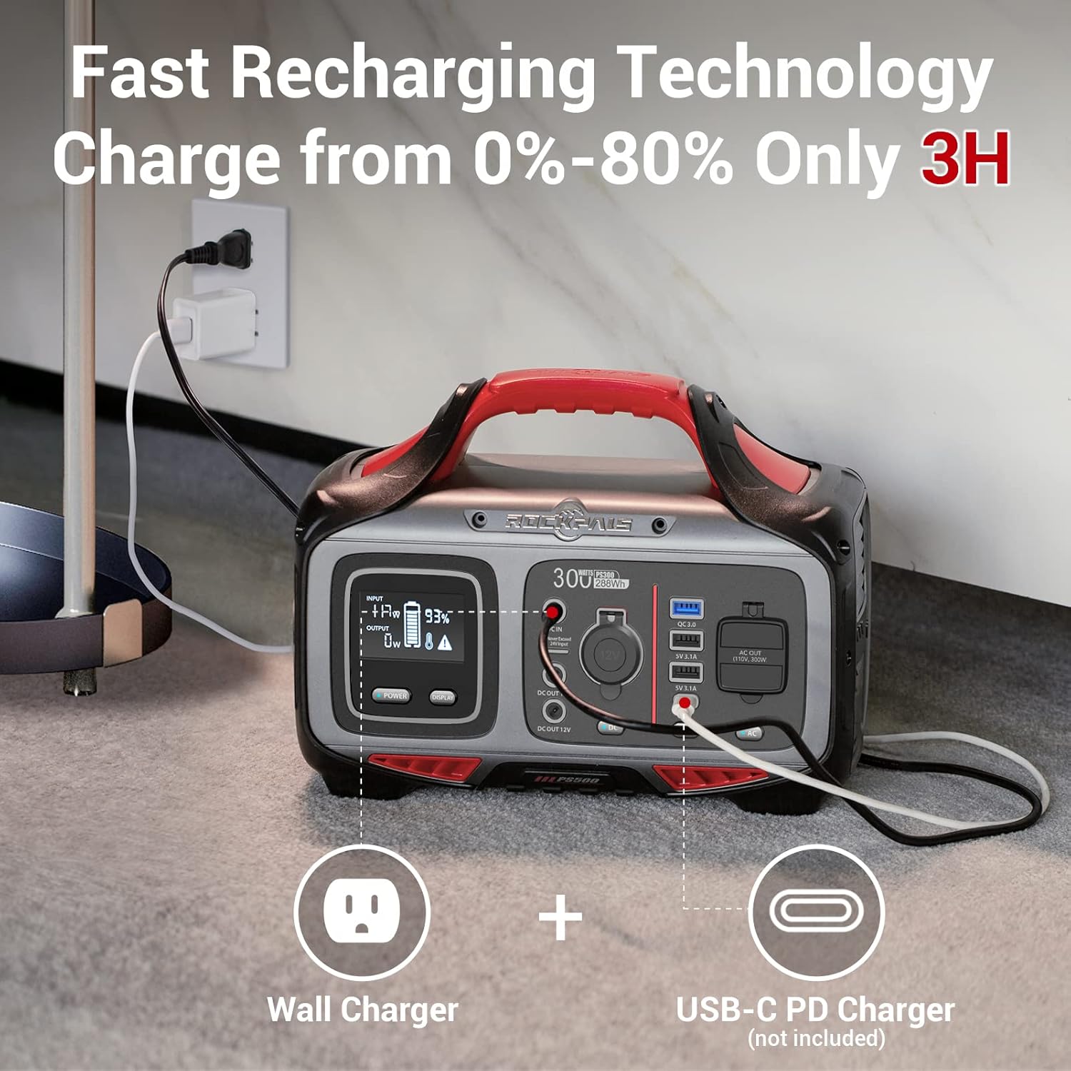 300W Portable Power Station, 280wh (78000mAh), 110V Pure Sine Wave AC Outlet, USB-C PD, QC 3.0, Lithium Battery F8144