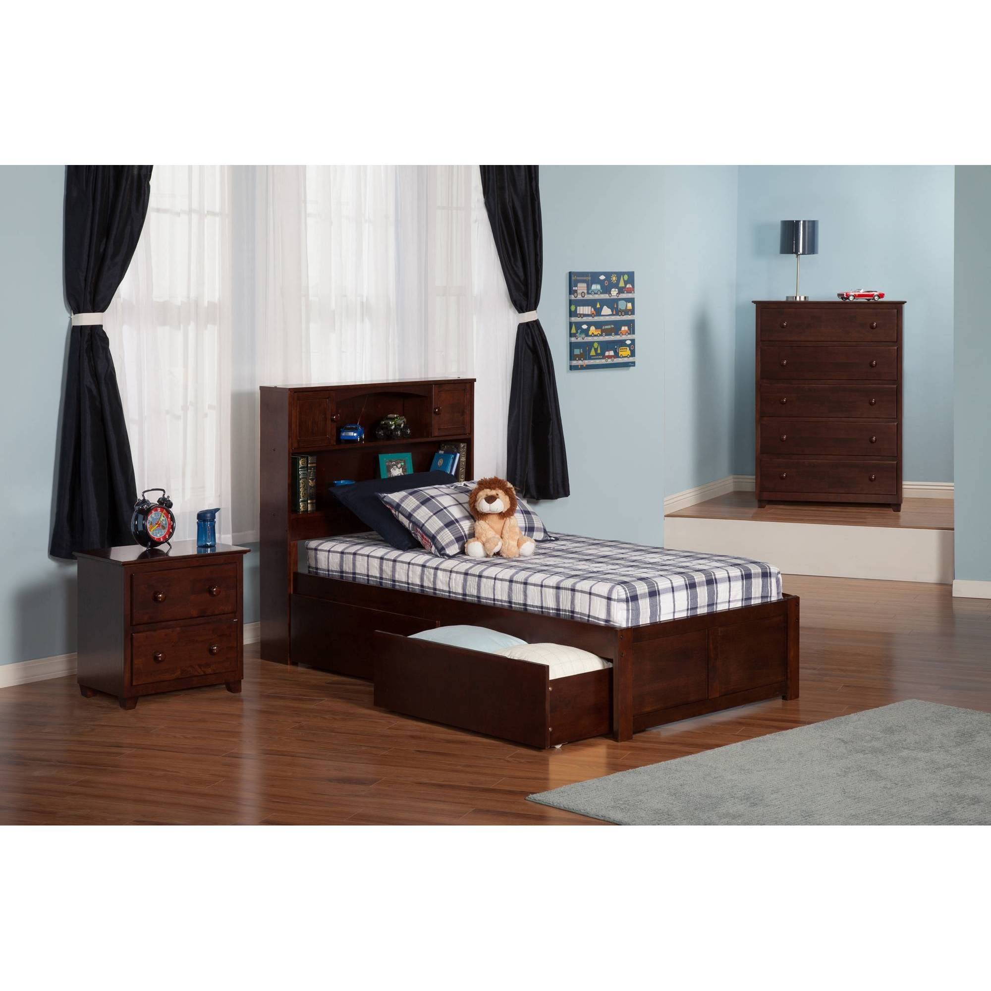 Twin Flat Panel Foot Board with 2 Bed Drawers Antique Walnut M707671