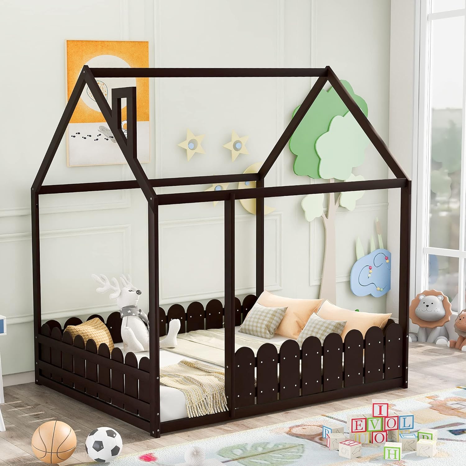 White Wood Twin House Shaped Floor Bed X6104