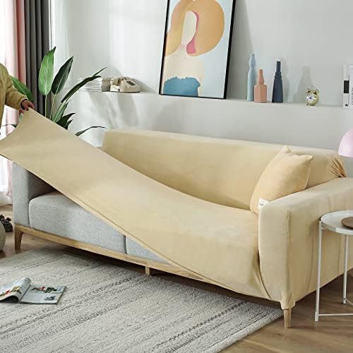 Beige 2 Seater Stretch Velvet Sofa Slipcover with Non Slip Elastic Straps A4961