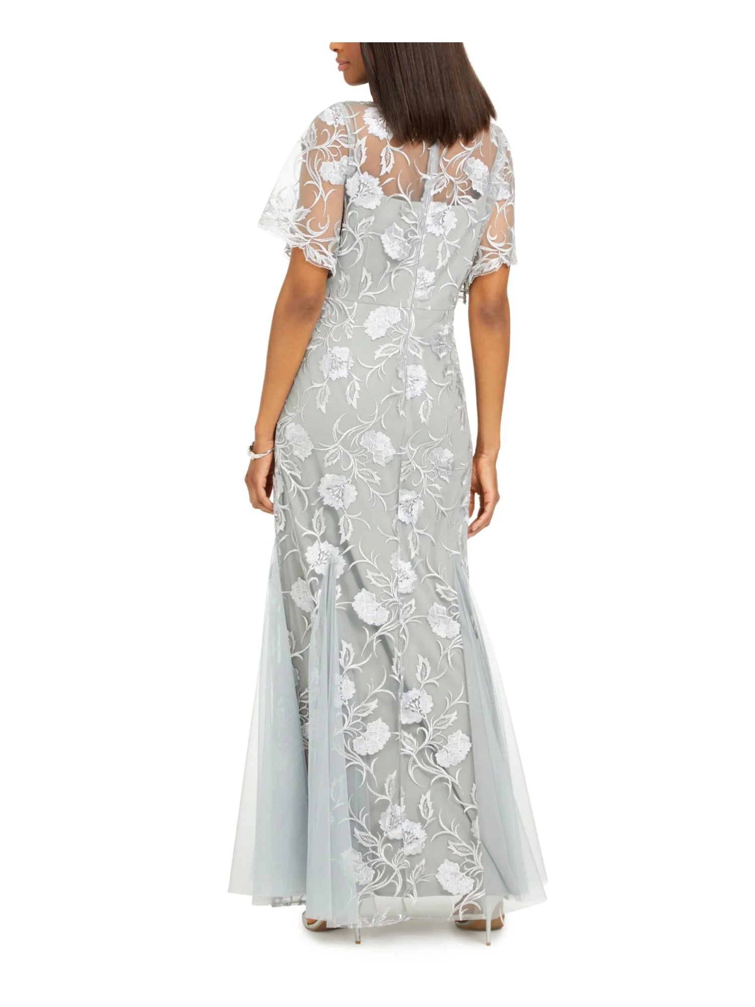 Gray Embroidered Floral Flutter Sleeve V Neck Full-Length Evening Gown Dress Petites 16P Q9802