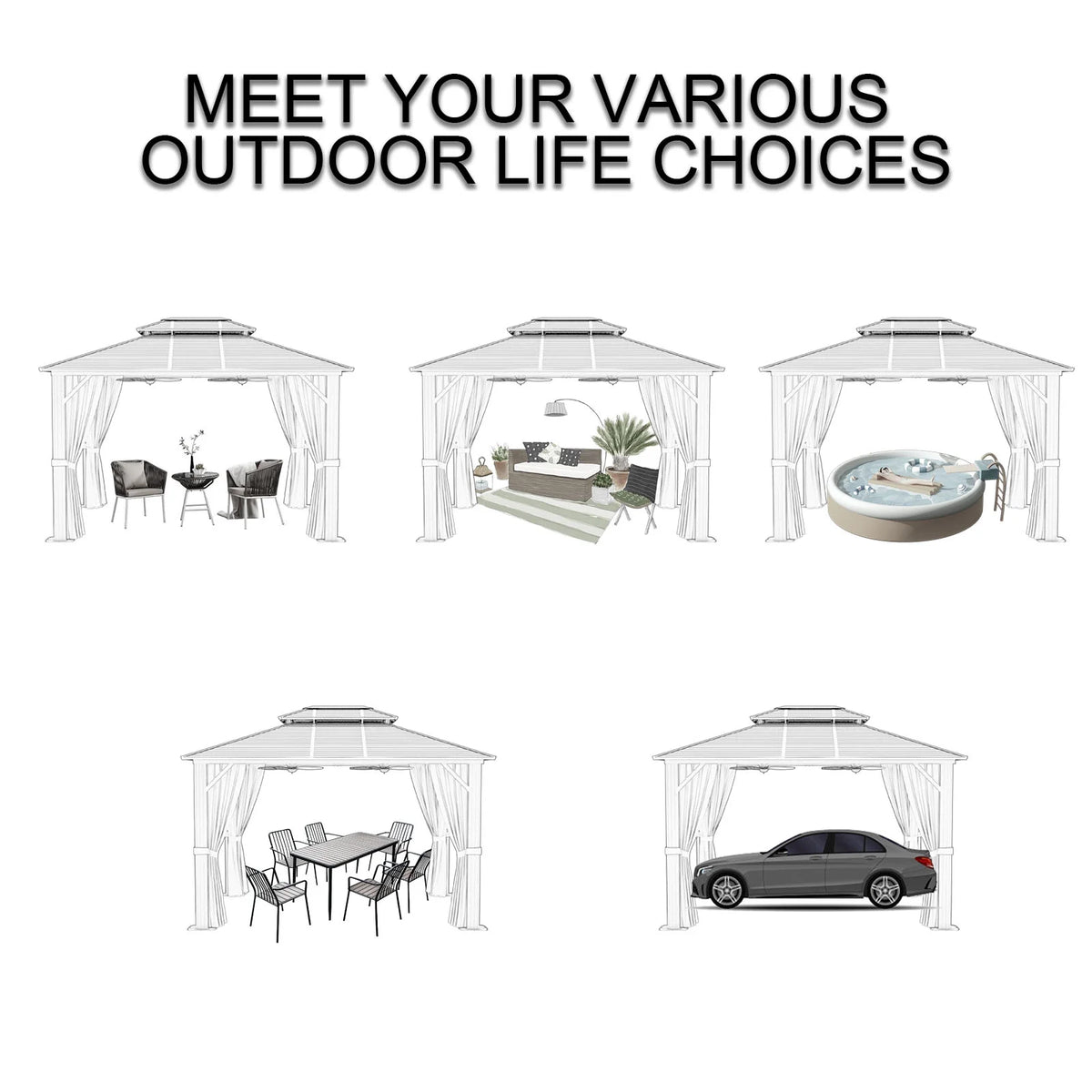10 ft. x 12 ft. Outdoor Hardtop Gazebo with Curtain and Netting, Gray Q735899