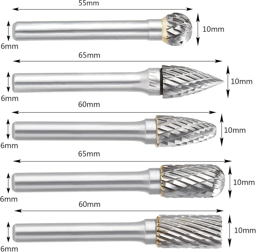 Double Cut Carbide Burr Set, 1/4 Inch Shank, 10MM Head, Solid Carbide Rotary Burr File Set, Pack of 2 S982