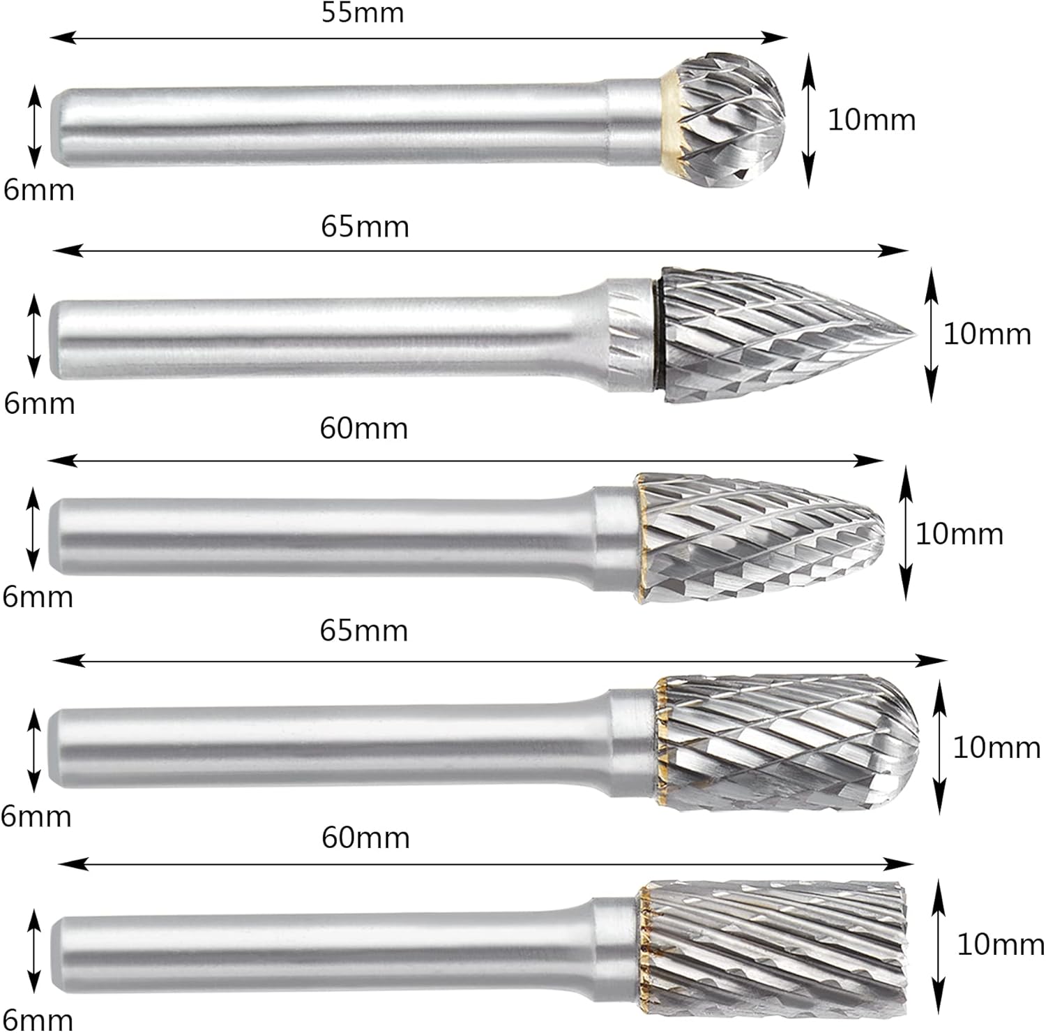 Double Cut Carbide Burr Set, 1/4 Inch Shank, 10MM Head, Solid Carbide Rotary Burr File Set, Pack of 2 S982