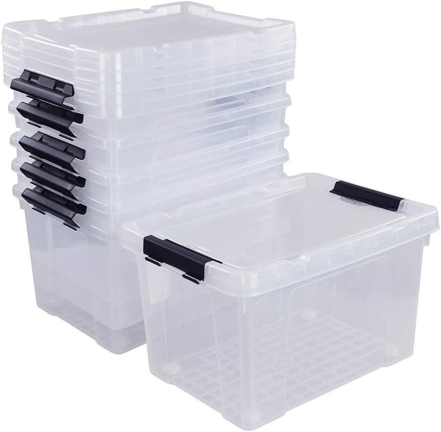 22 Quart Plastic Storage Box with Lid, Black Latching Bins, 6 Packs Z3637