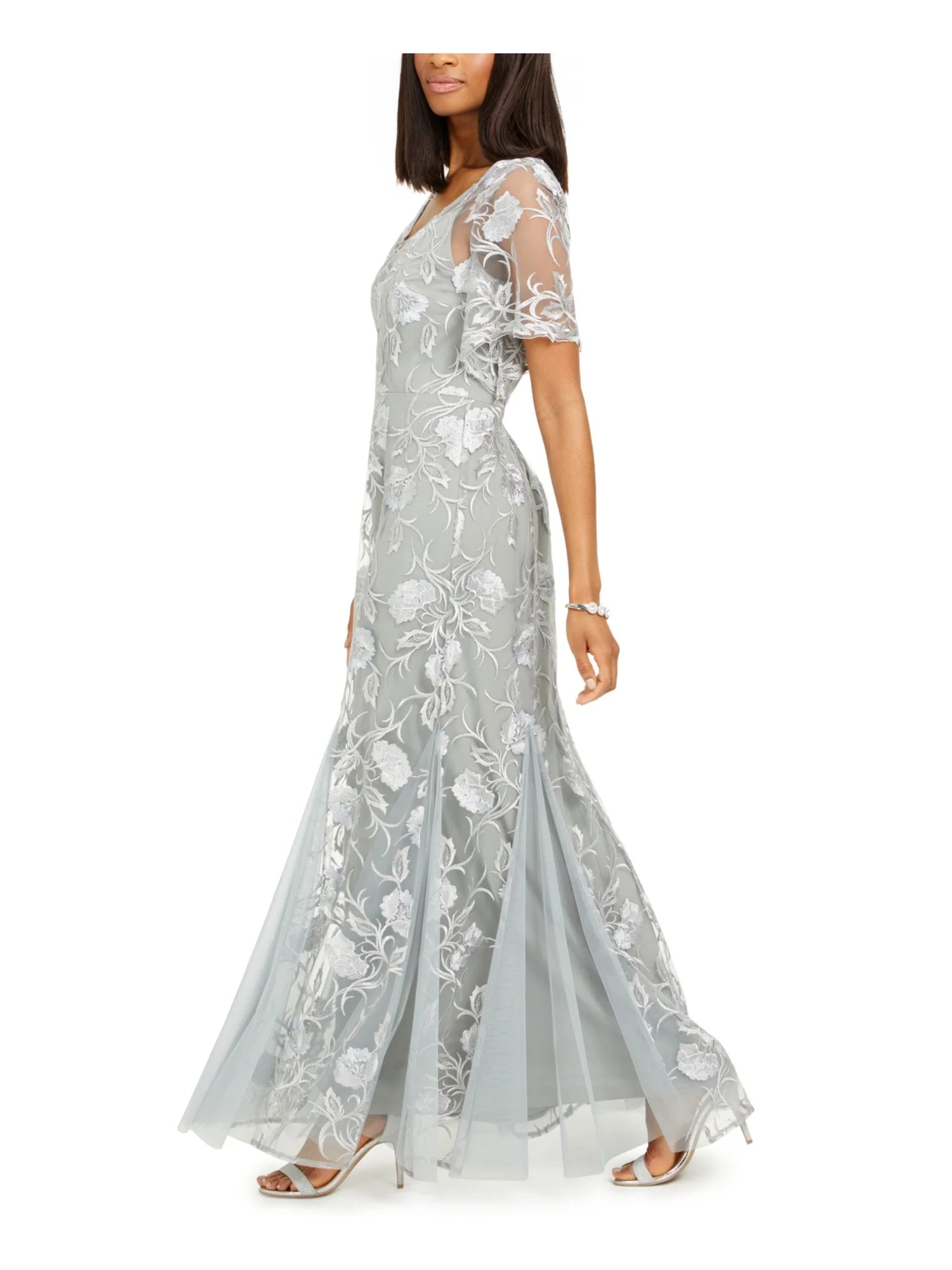 Gray Embroidered Floral Flutter Sleeve V Neck Full-Length Evening Gown Dress Petites 16P Q9802