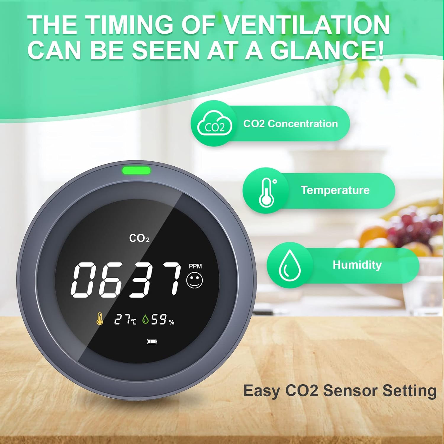 CO2 Monitor Temperature and Relative Humidity Meter, NDIR Sensor, 0~5000ppm, Pack of 2 A809