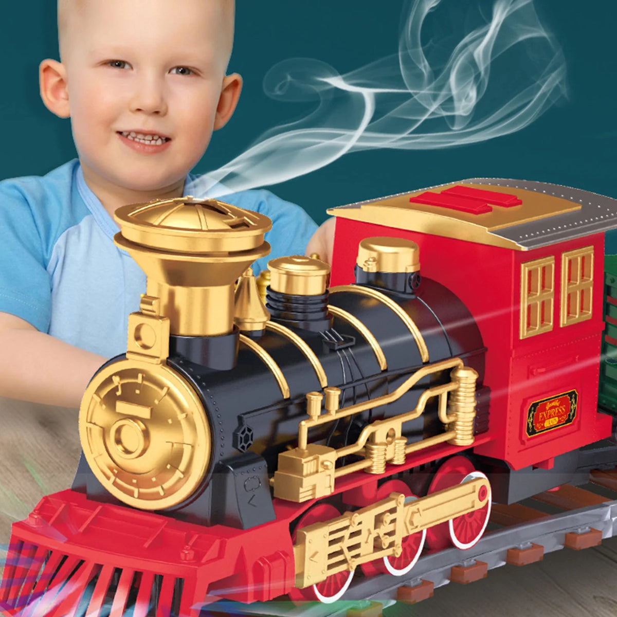 Toy Train Set With Lights And Sounds Steam Smoke Railway Tracks Battery Operated Q13186