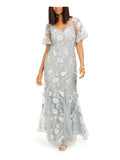 Gray Embroidered Floral Flutter Sleeve V Neck Full-Length Evening Gown Dress Petites 16P Q9802