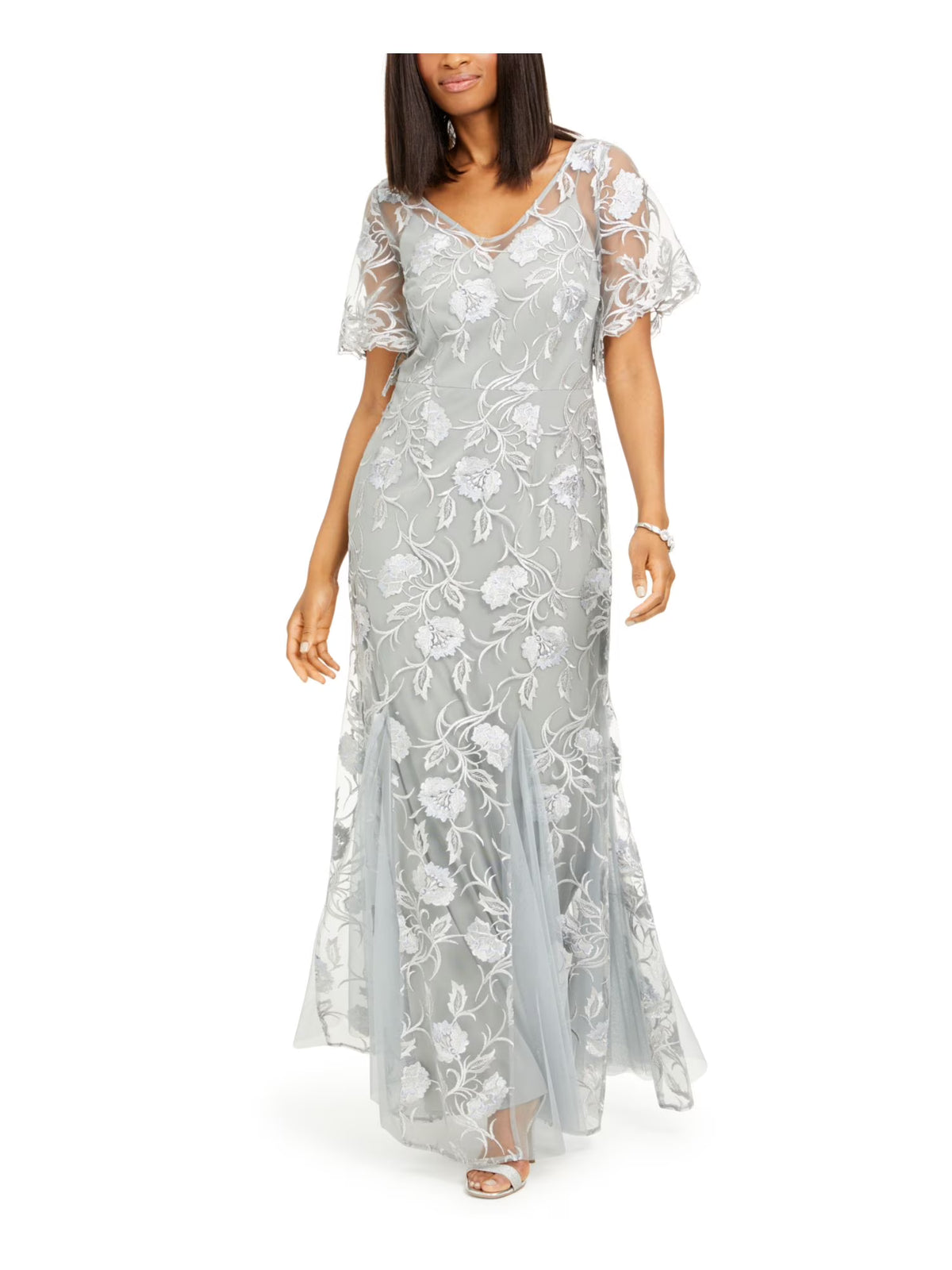 Gray Embroidered Floral Flutter Sleeve V Neck Full-Length Evening Gown Dress Petites 16P Q9802