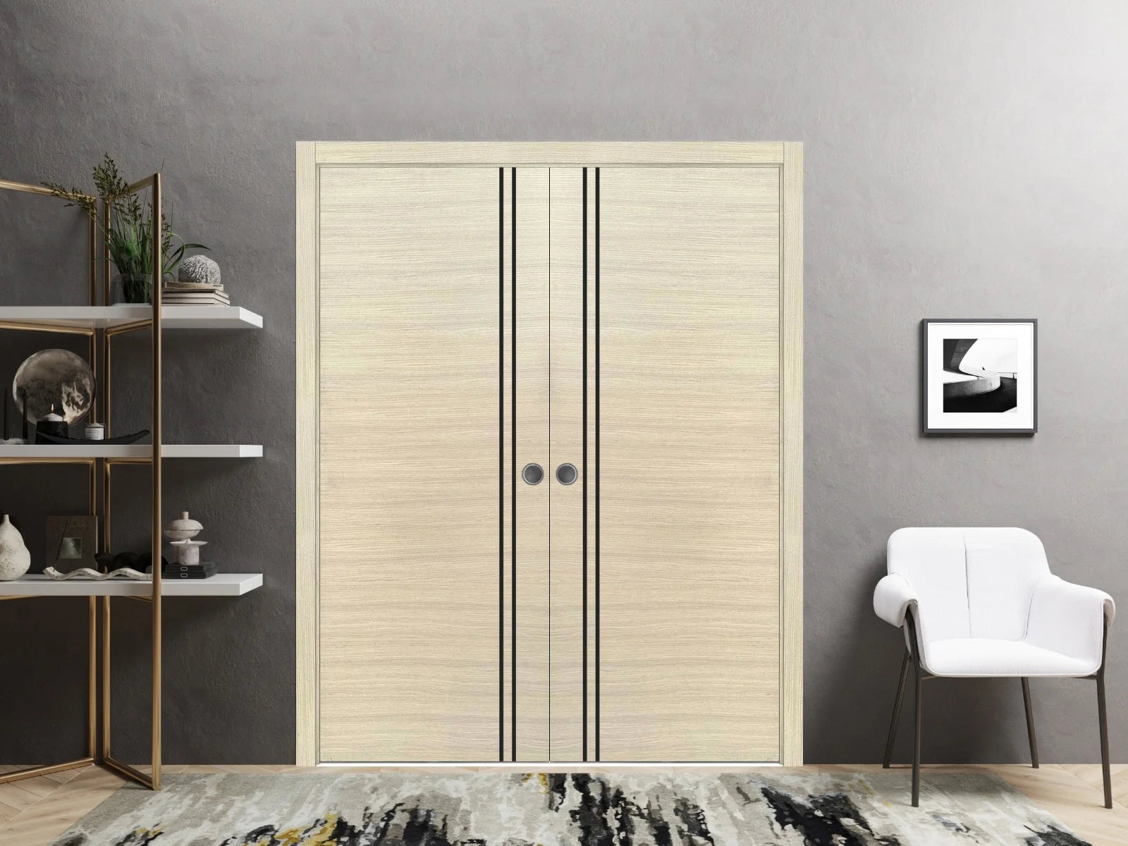 Sliding French Double Pocket Doors 48 x 96 inches Natural Veneer Frosted Glass Solid Wood Interior Doors F481723