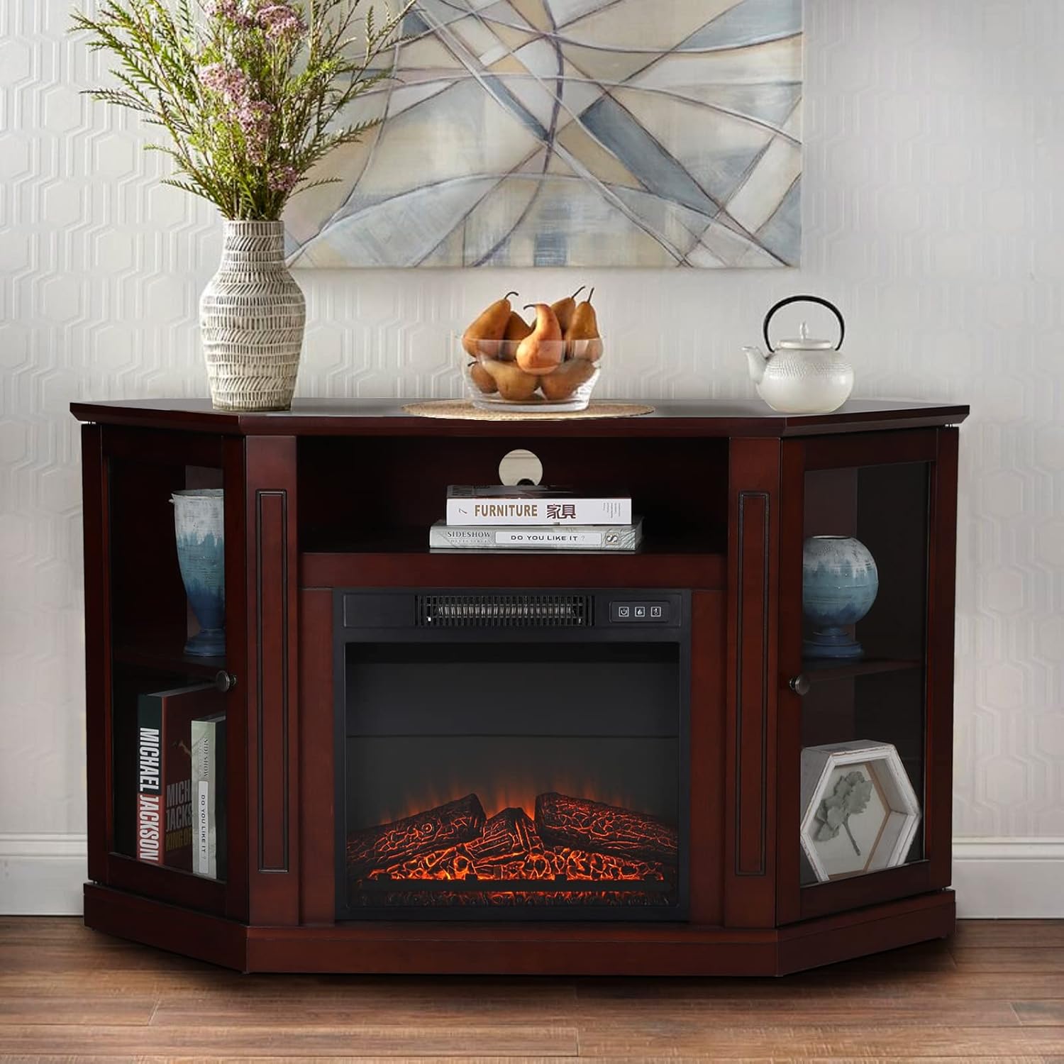 Fireplace TV Stand with Insert Fireplace, Brown Red R111