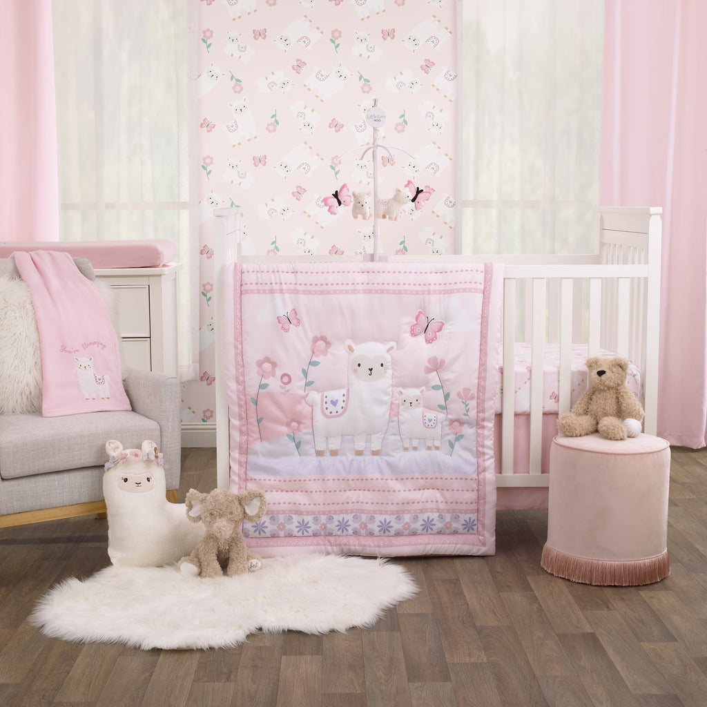 3PC Crib Bedding Set, Pink and Purple, Includes comforter, fitted sheet and dust ruffle A832