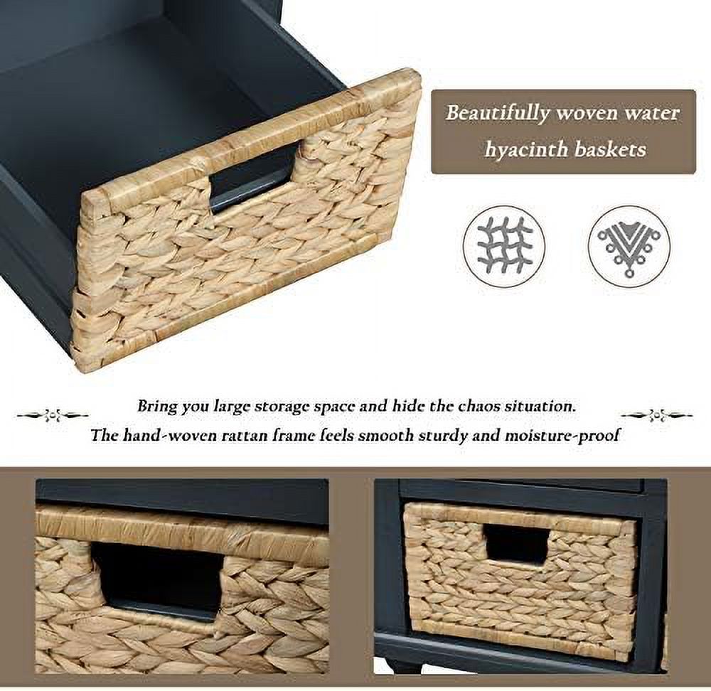 Rustic Bench with 3 Drawers and 3 Rattan Baskets Shoe Bench with Removable Cushion P139