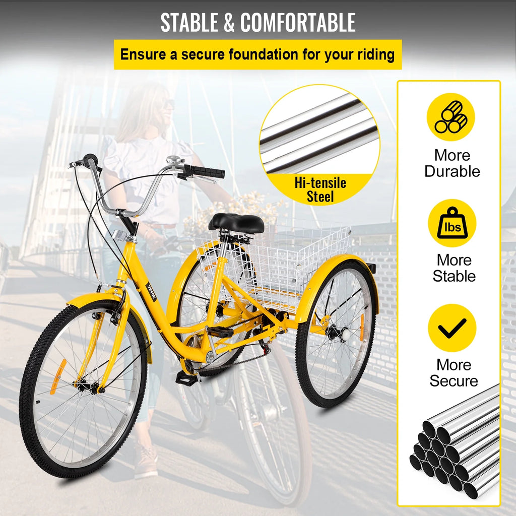 Adult Tricycle 7 Speed 26in Adjustable Trike with Bell, Brake System Basket B236634