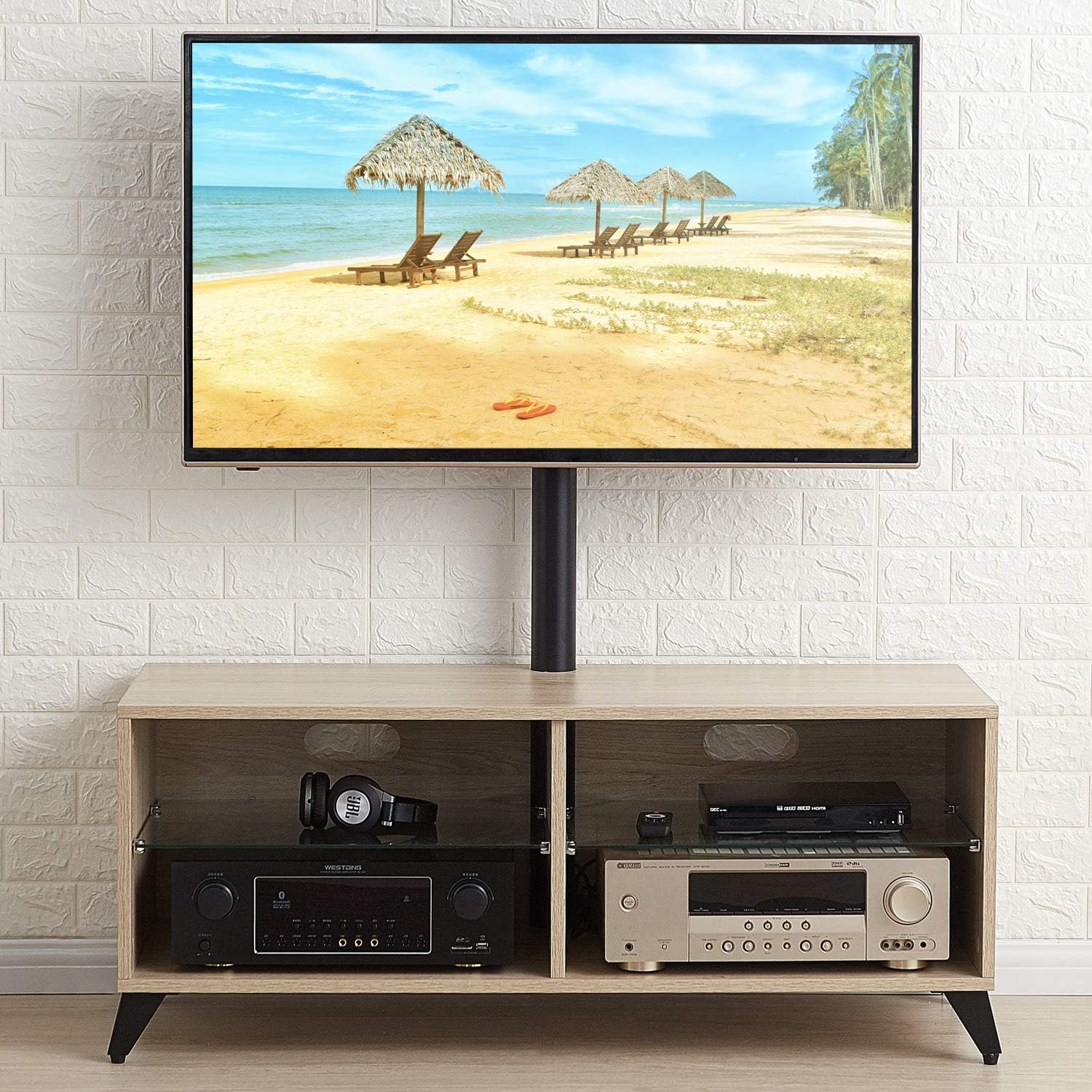 Oak Wood Corner TV Stand with Swivel Mount TV Entertainment Center F4415